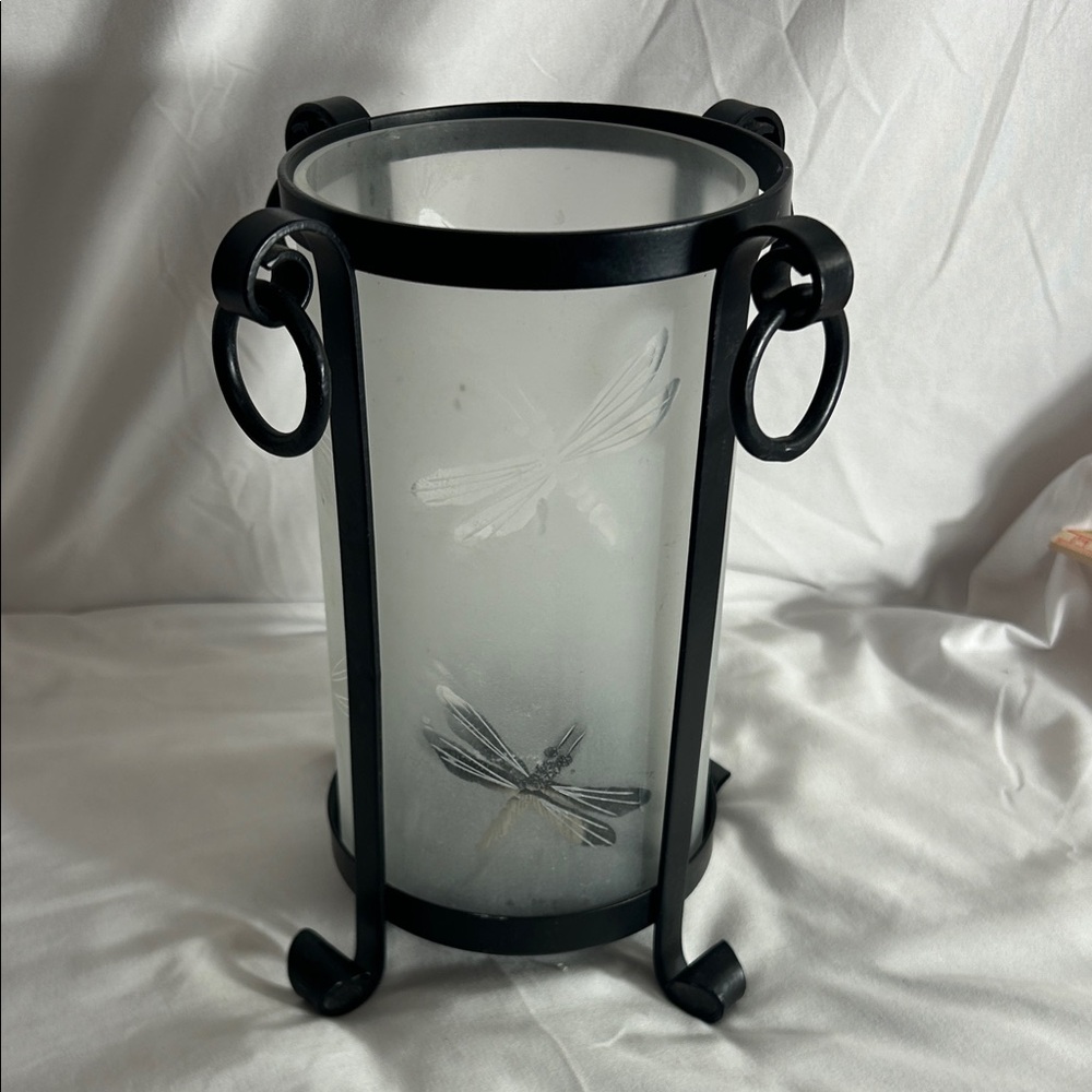Pier 1 black metal and Frosted dragon fly design Glass decorative Candle Holder